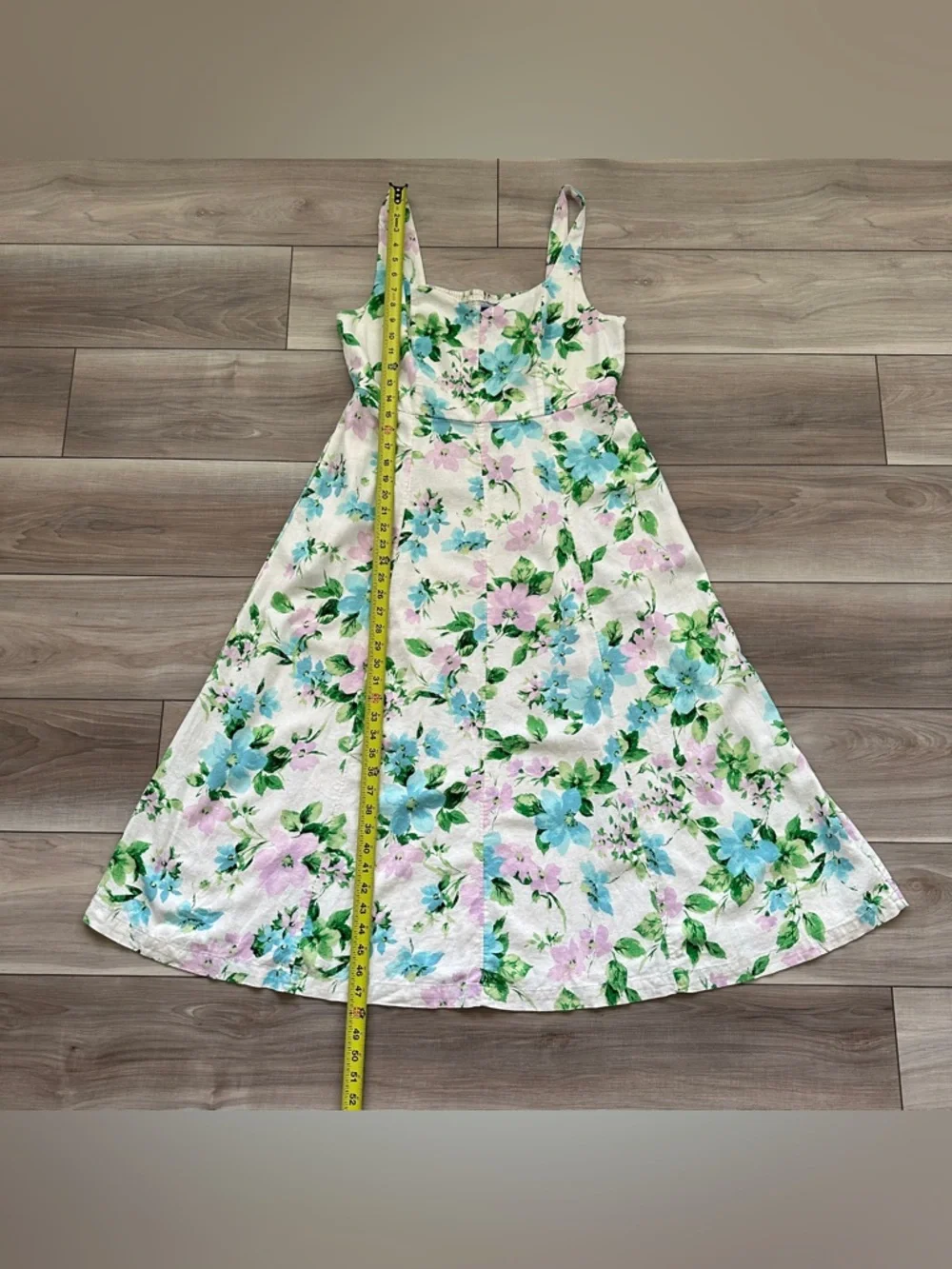 Old Navy Fit & Flare Linen Blend Midi Dress Sz L White Floral Pockets Sundress - Picture 8 of 16